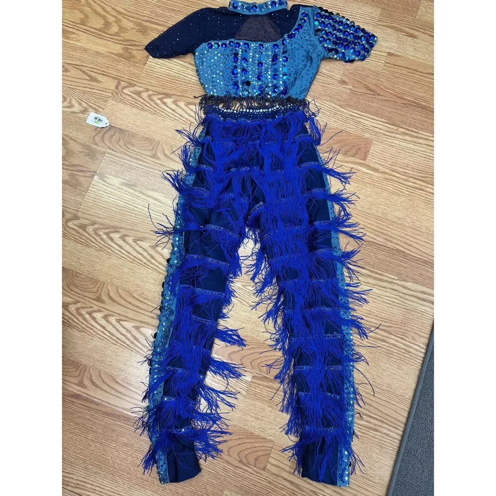 Pre-Owned Dance Costume Large Child Blue Glamour Jazz Tap Clogging Latin Fringe